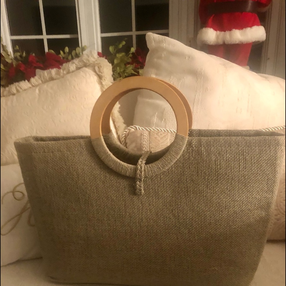 Fabric Beach Tote with wood handles.